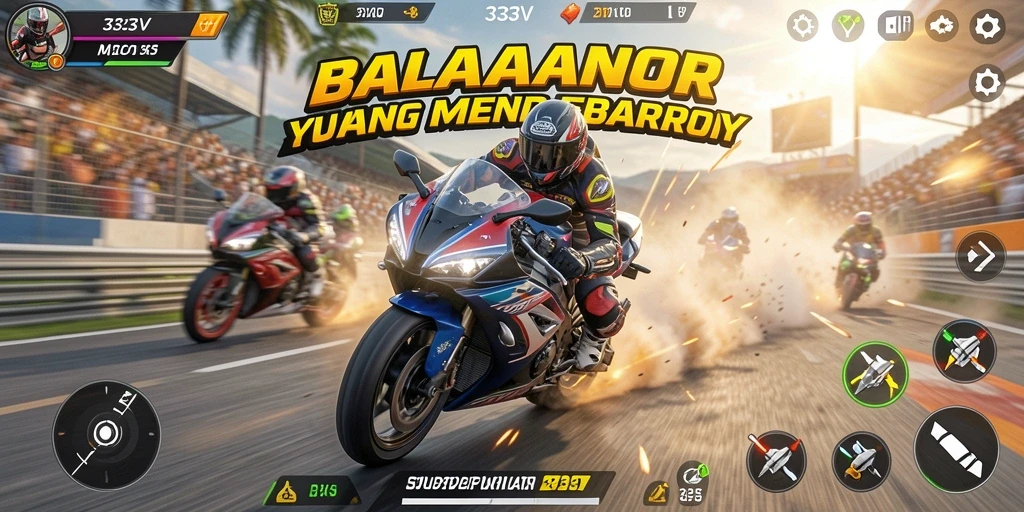 Tangkapan layar menampilkan aksi balapan motor yang seru dan mendebarkan.
