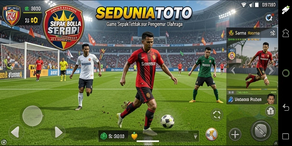 Tampilan gameplay seru dalam SEDUNIATOTO dengan pertandingan sepak bola yang mendebarkan.